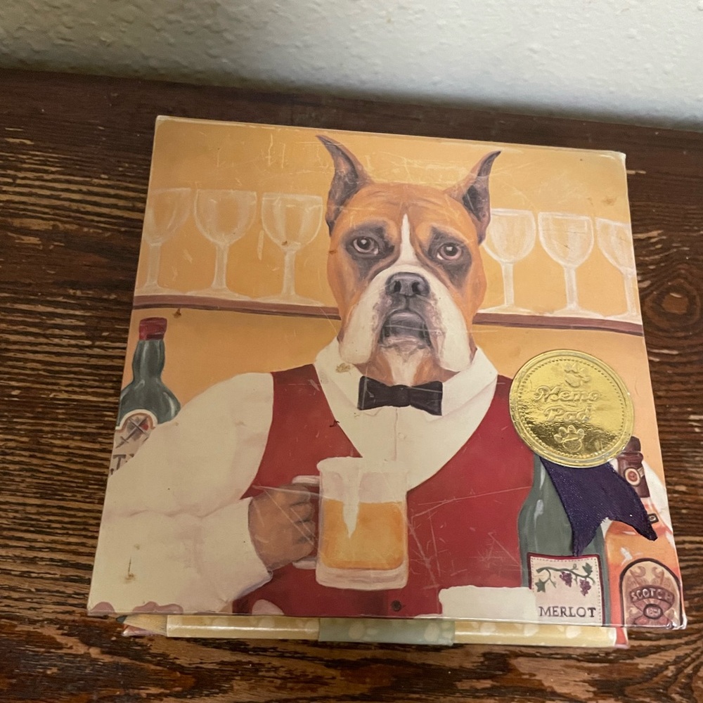 VINTAGE CAROL LEW Dog Boxer Server Serving Beer Note Pad With Pencil 5x5x1”